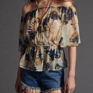 Let Me Be Anthropologie NWT Floral Beaded Peasant Blouse Sz L MSRP $130